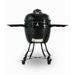 Black kamado-style grill with side shelves and wheels.