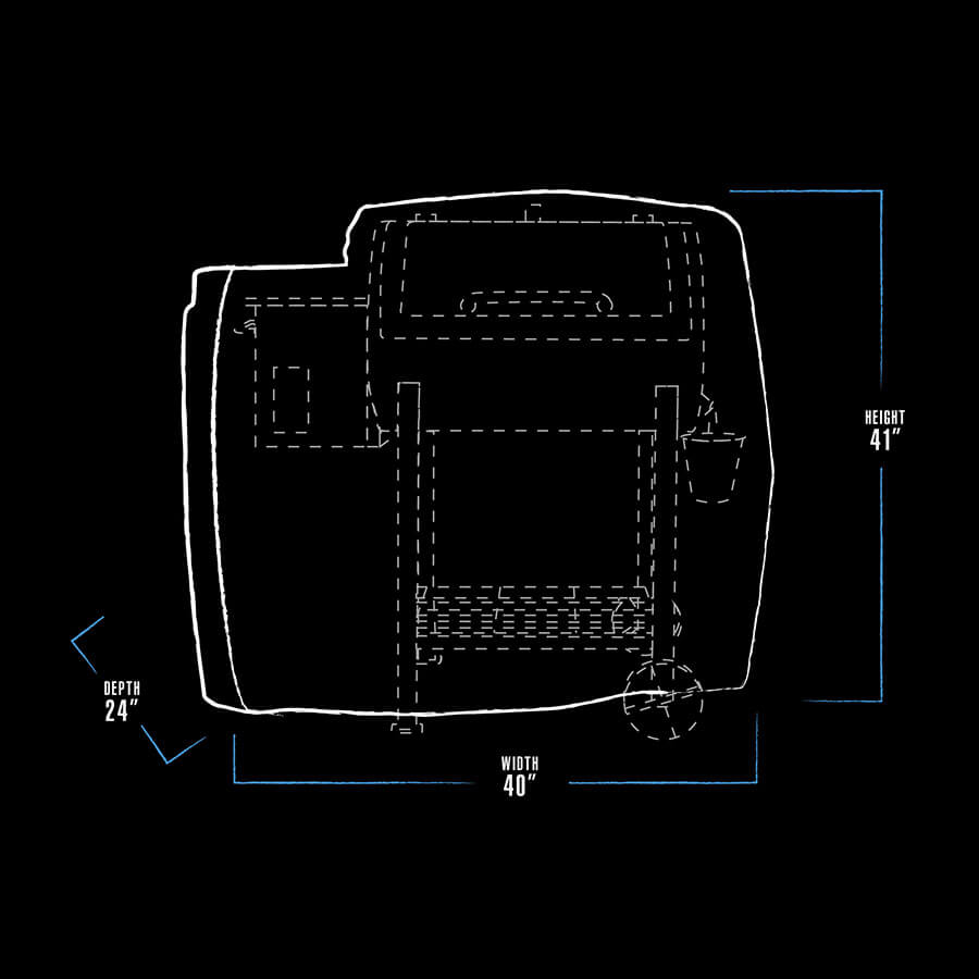 White outline of a 40" wide, 41" tall, and 24" deep appliance with dashed lines indicating features.