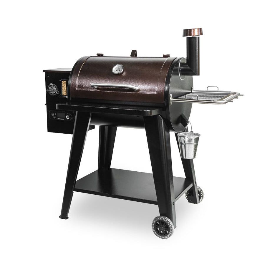 Brown and black pellet grill with side shelf and drip pan.