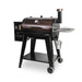 Brown and black pellet grill with side shelf and drip pan.