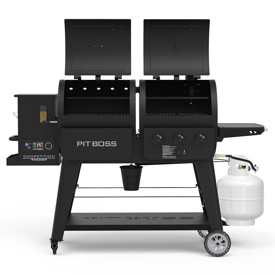 Black Pit Boss Competition Series grill with propane tank and side shelves.