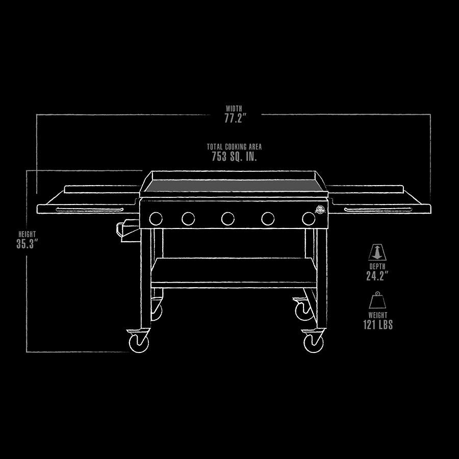 "Black outdoor grill with 753 sq. in. cooking area, 77.2" wide, 35.3" high, 24.2" deep, 121 lbs."