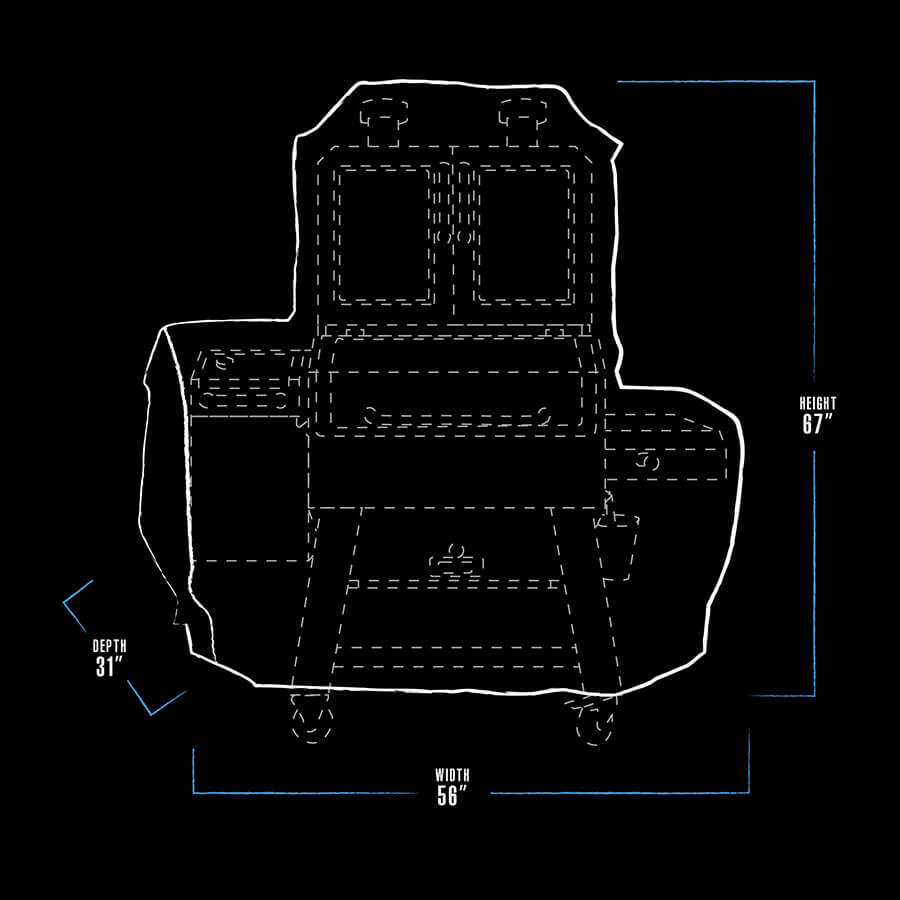"White outline of a large stone chair with dimensions: height 67", width 56", depth 31"."