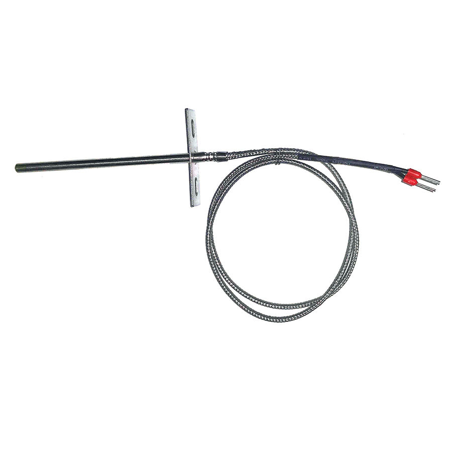 Metal temperature probe with coiled cable and red connector.