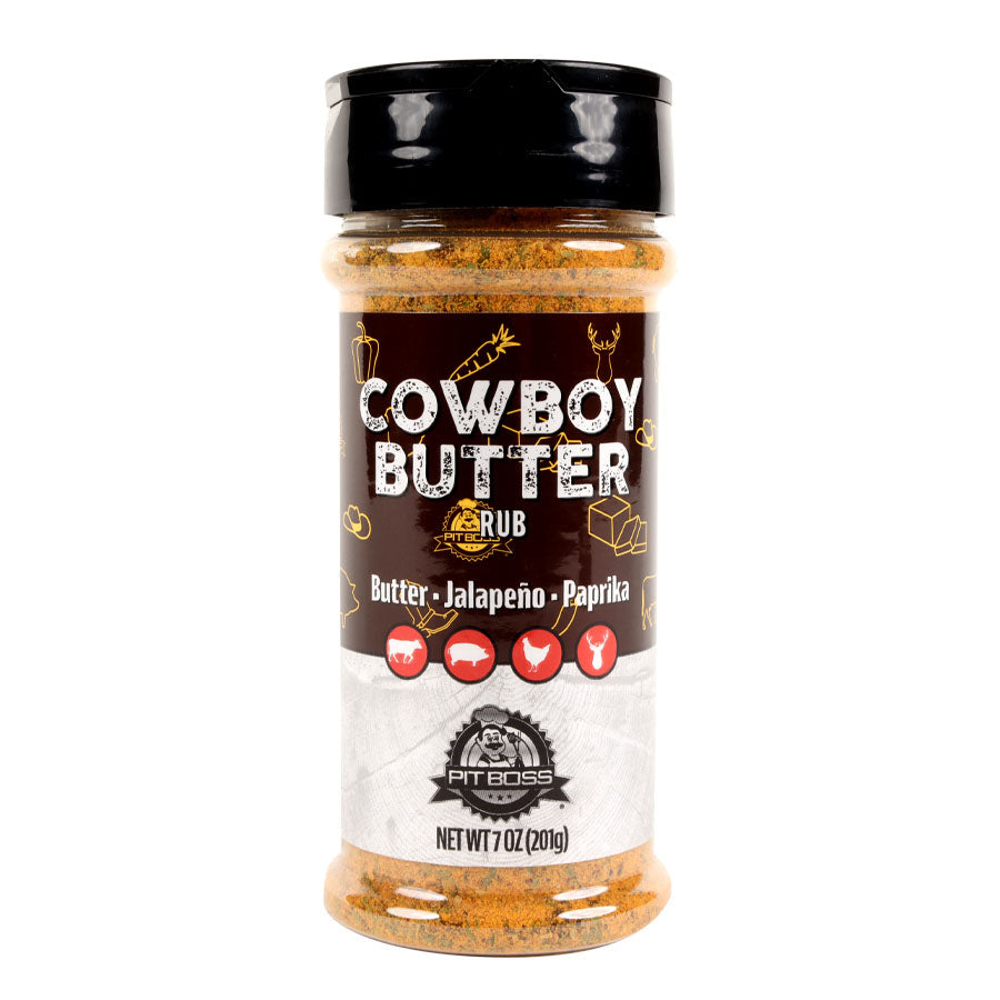 Brown "Cowboy Butter Rub" jar by Pit Boss, net weight 7 oz (20g).