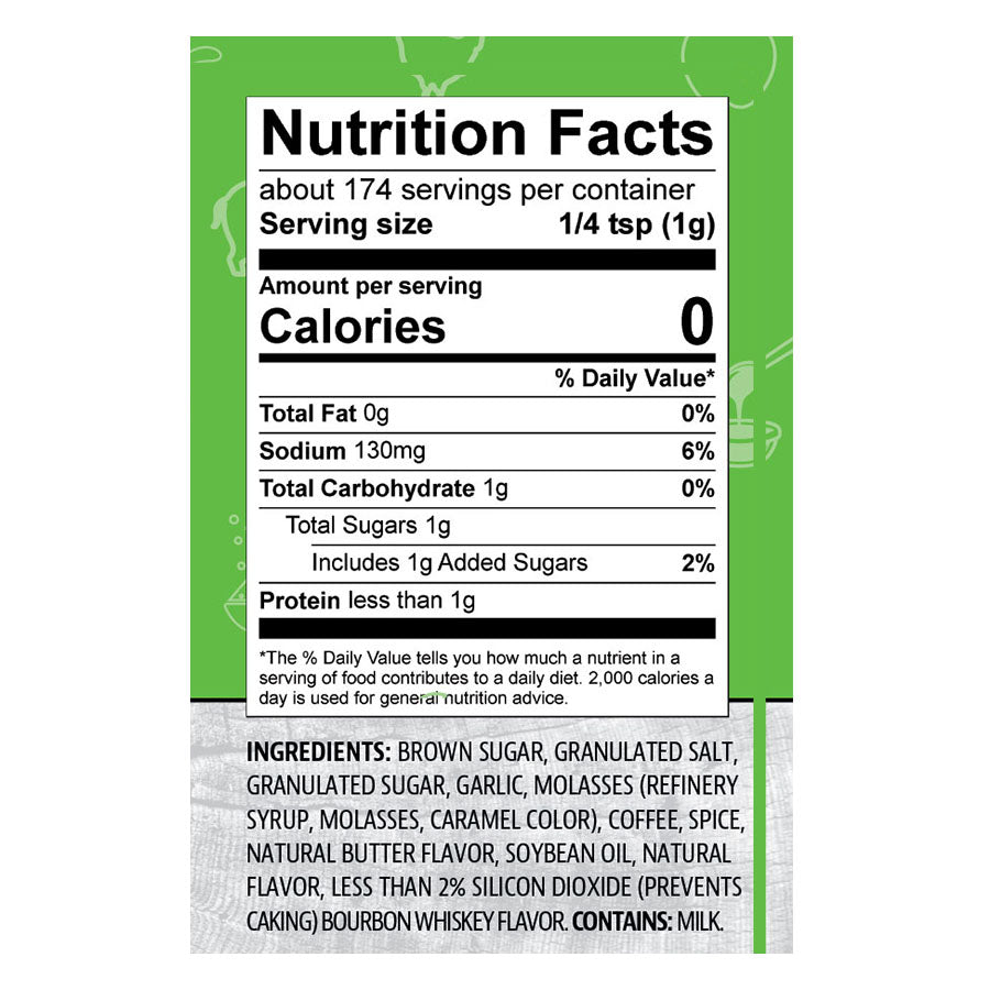Green nutrition label for seasoning mix with ingredients: brown sugar, salt, garlic, molasses, coffee, spice, butter flavor.