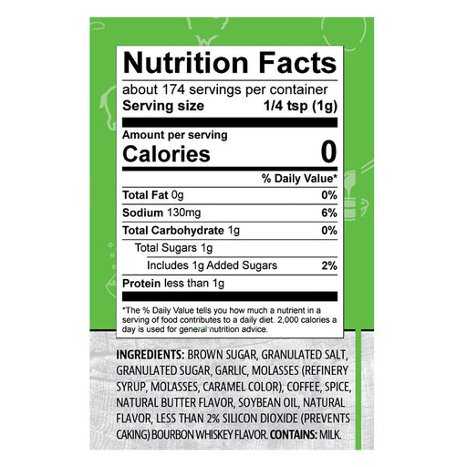 Green nutrition label for seasoning mix with ingredients: brown sugar, salt, garlic, molasses, coffee, spice, butter flavor.