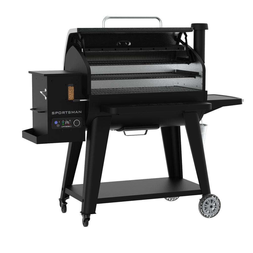Black pellet grill with digital controls, side shelf, wheels, and open lid showing spacious cooking racks.