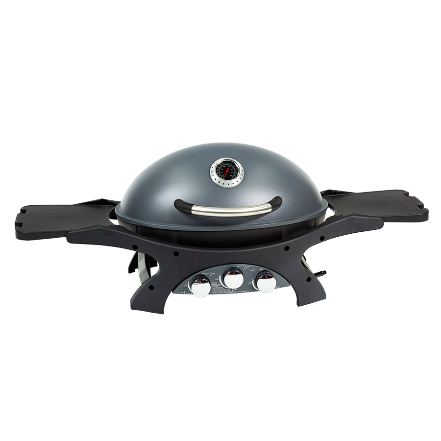 Gray dome-shaped gas grill with thermometer and side shelves.