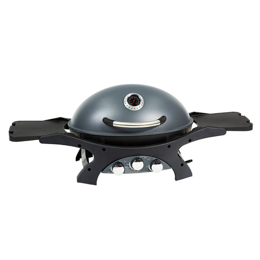 Gray dome-shaped gas grill with thermometer and side shelves.