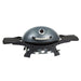 Gray dome-shaped gas grill with thermometer and side shelves.