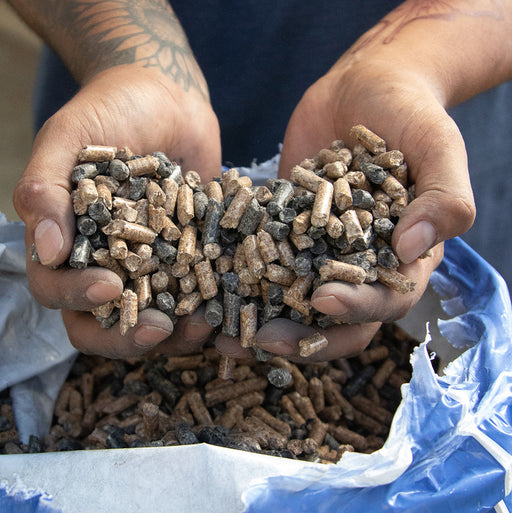 Pellet fuel mix in hands, showcasing various colors and sizes.