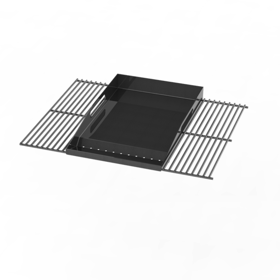 Black grill grate with square drip pan.