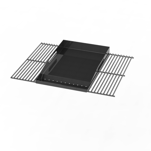 Black grill grate with square drip pan.