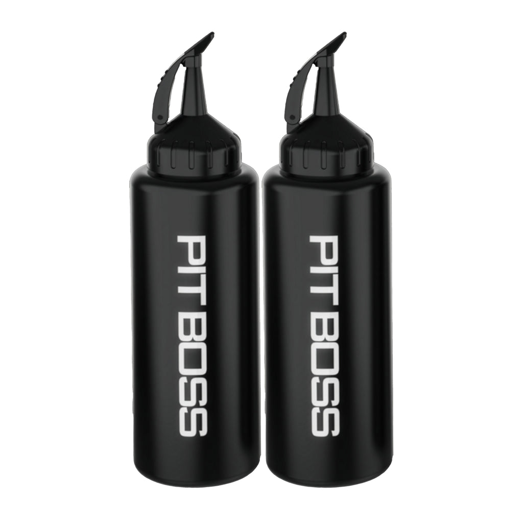 Pit Boss Ultimate Squeeze Bottles. Pack of two. White Pit Boss name down the front.