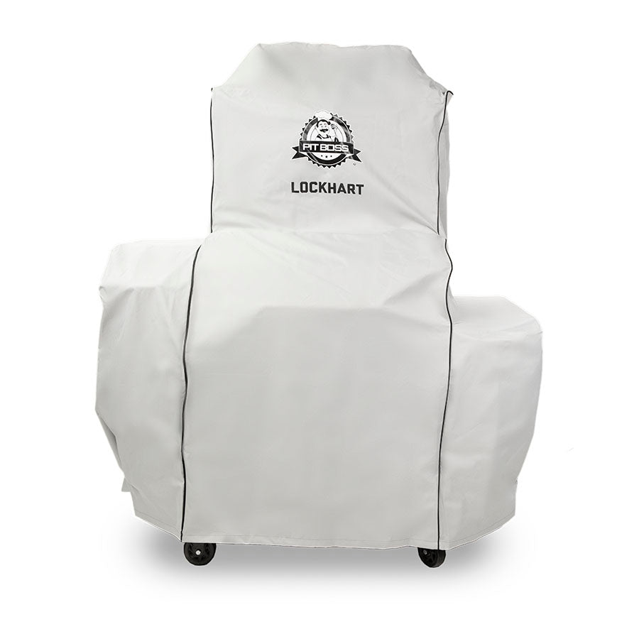 White chair cover with "LOCKHART" text and logo, on wheels.