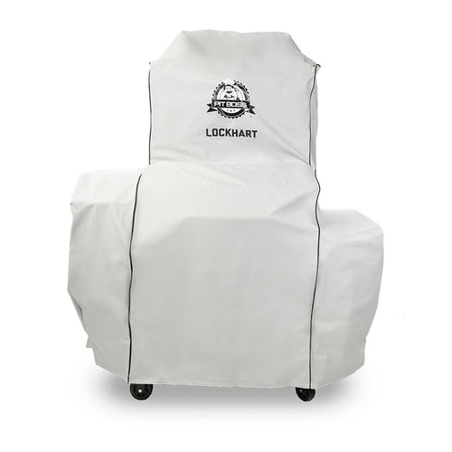 White chair cover with "LOCKHART" text and logo, on wheels.