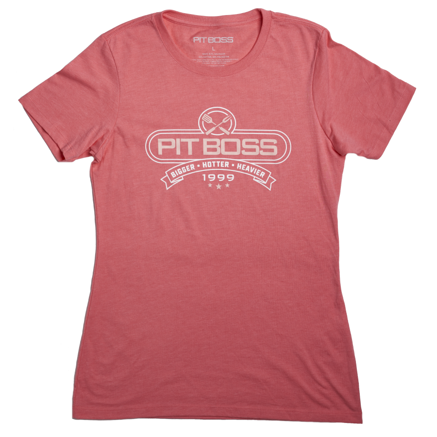 Red Pit Boss t-shirt with "Bigger Hotter Heavier 1999" design.