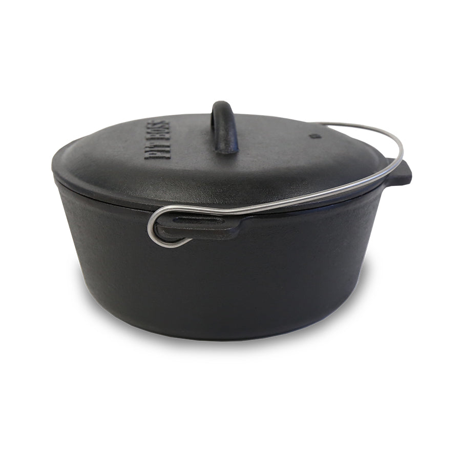 Dark gray cast iron Dutch oven with lid and handles.