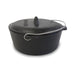 Dark gray cast iron Dutch oven with lid and handles.