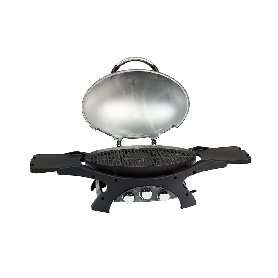 Black portable gas grill with lid, three control knobs, and side shelves.