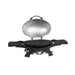 Black portable gas grill with lid, three control knobs, and side shelves.