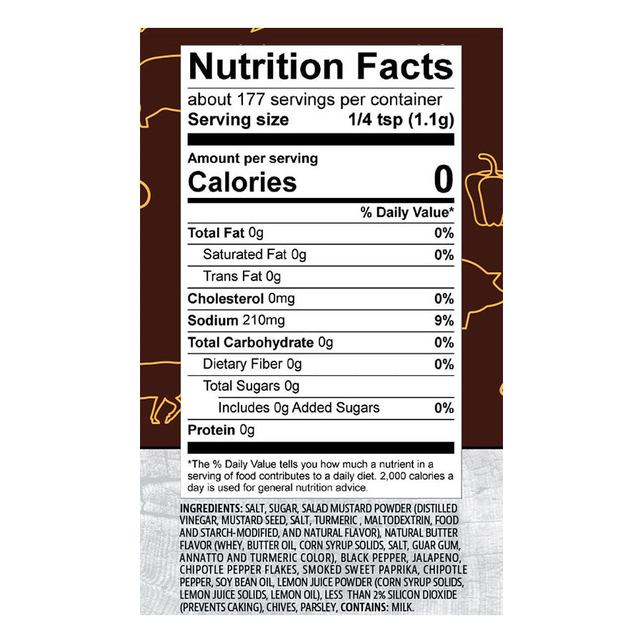 Nutrition Facts label for seasoning blend, 1/4 tsp serving, 0 calories, 210mg sodium, ingredients listed.