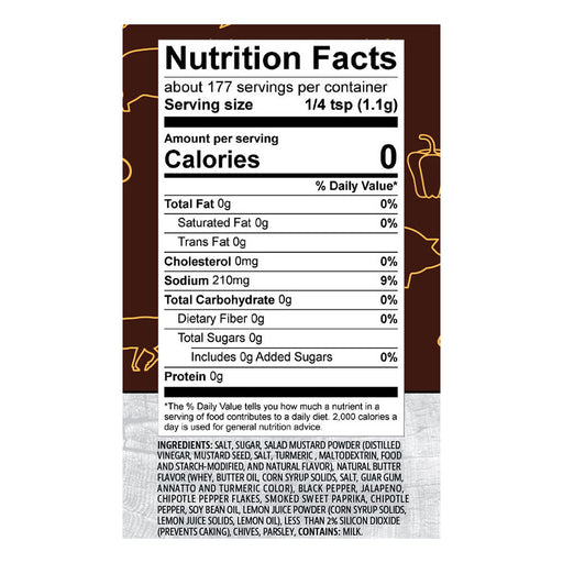 Nutrition Facts label for seasoning blend, 1/4 tsp serving, 0 calories, 210mg sodium, ingredients listed.