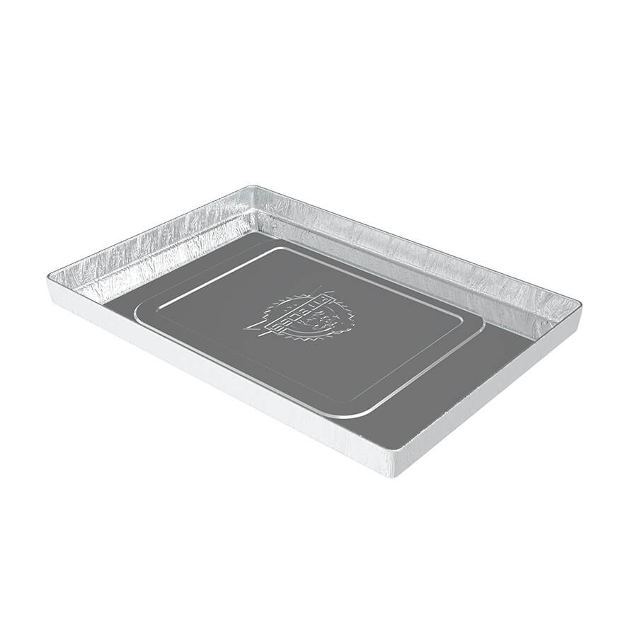 Silver rectangular aluminum baking pan with embossed logo.