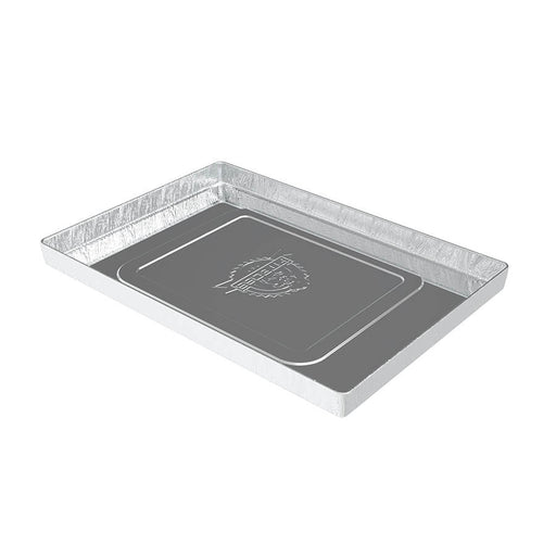 Silver rectangular aluminum baking pan with embossed logo.