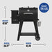 Black pellet grill with height 47.01", depth 26.77", width 43.74", weight 119.1 lbs.