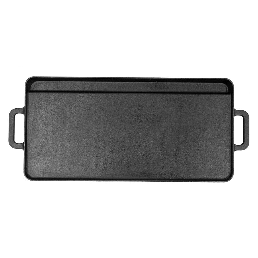Black rectangular cast iron griddle with handles.