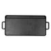 Black rectangular cast iron griddle with handles.
