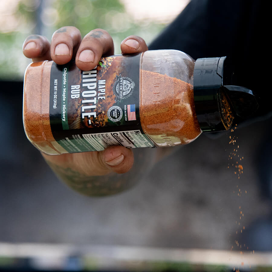 Black bottle of Pit Boss Chipotle Maple Hickory Rub spice blend.