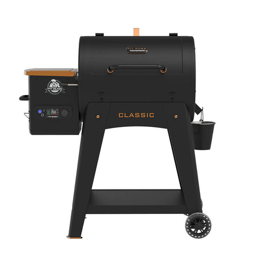 Black Pit Boss Classic pellet grill with digital control panel and side shelf.