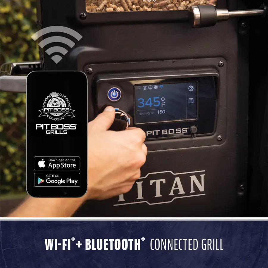 Black Pit Boss Titan grill with digital display, Wi-Fi + Bluetooth connectivity.