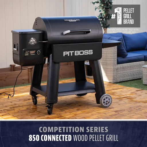 Black Pit Boss Competition Series 850 Connected Wood Pellet Grill on wheels.