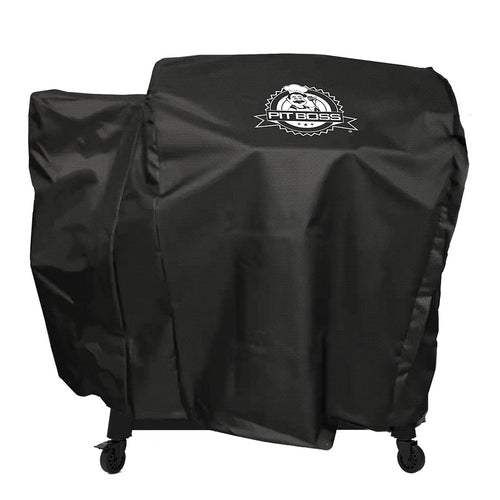 Black Pit Boss grill cover with logo, on wheels.