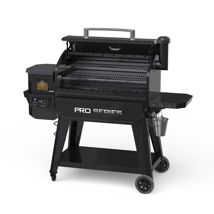Black Pro Series electric grill with digital control panel and charcoal hopper.