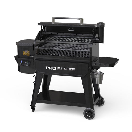 Black Pro Series electric grill with digital control panel and charcoal hopper.