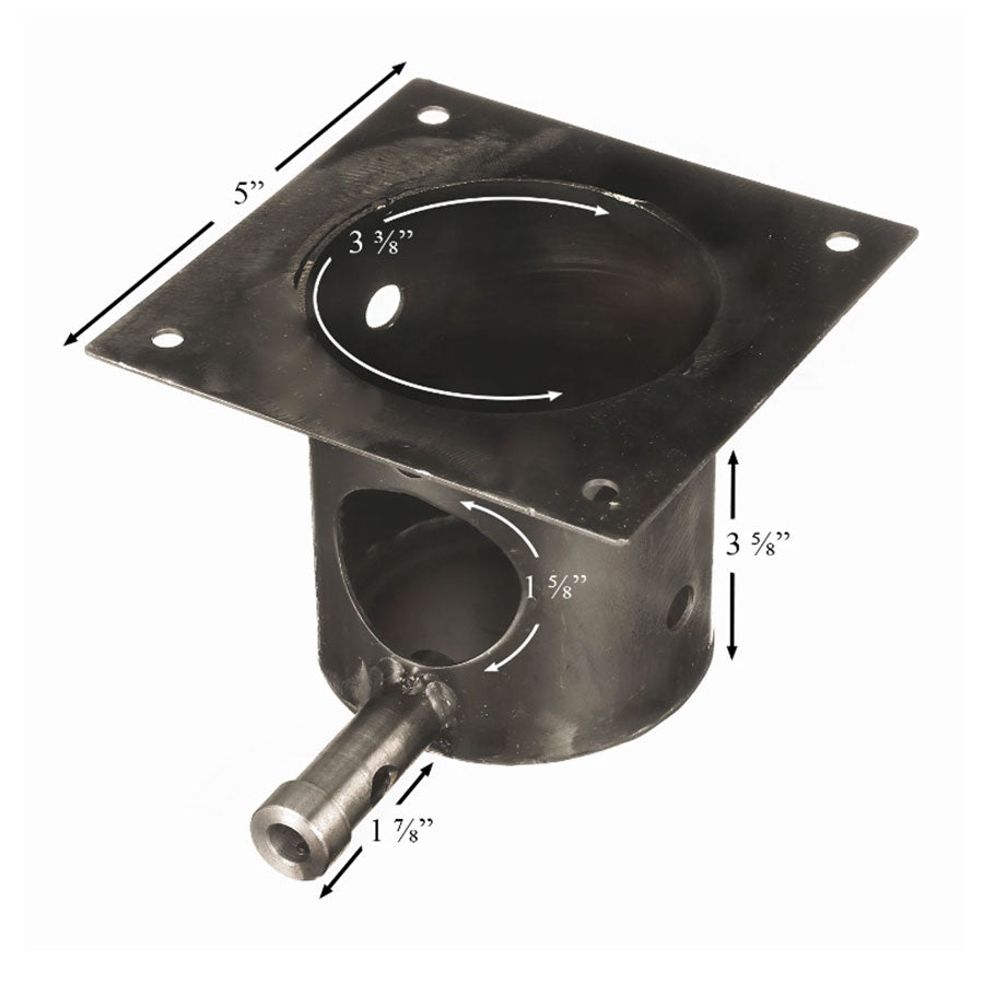 Black metal flange with circular cutout, 5" square base, 3 5/8" height, 1 5/8" opening, and 1 7/8" protruding pipe.