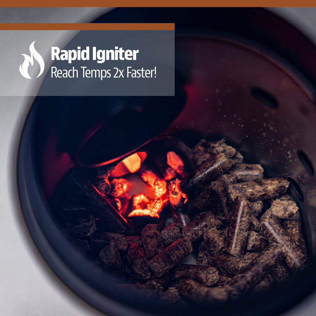 Rapid Igniter charcoal starter with glowing coals inside a black container.
