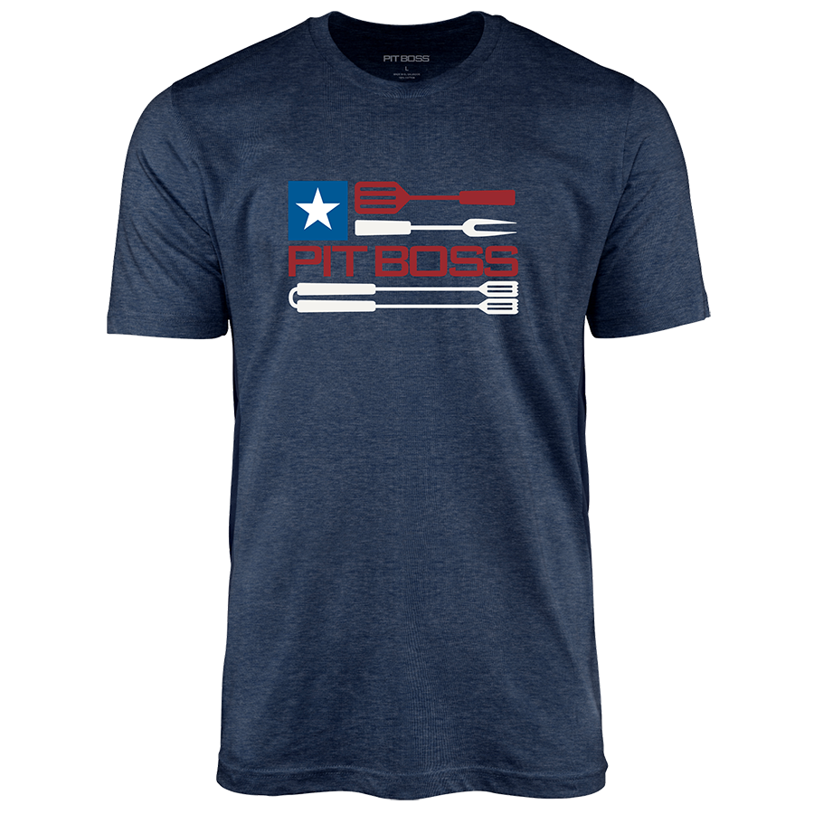 Navy blue Pit Boss t-shirt with red and white logo and grill tools design.