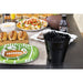 Black plastic bucket with black utensils, football-themed party setup.