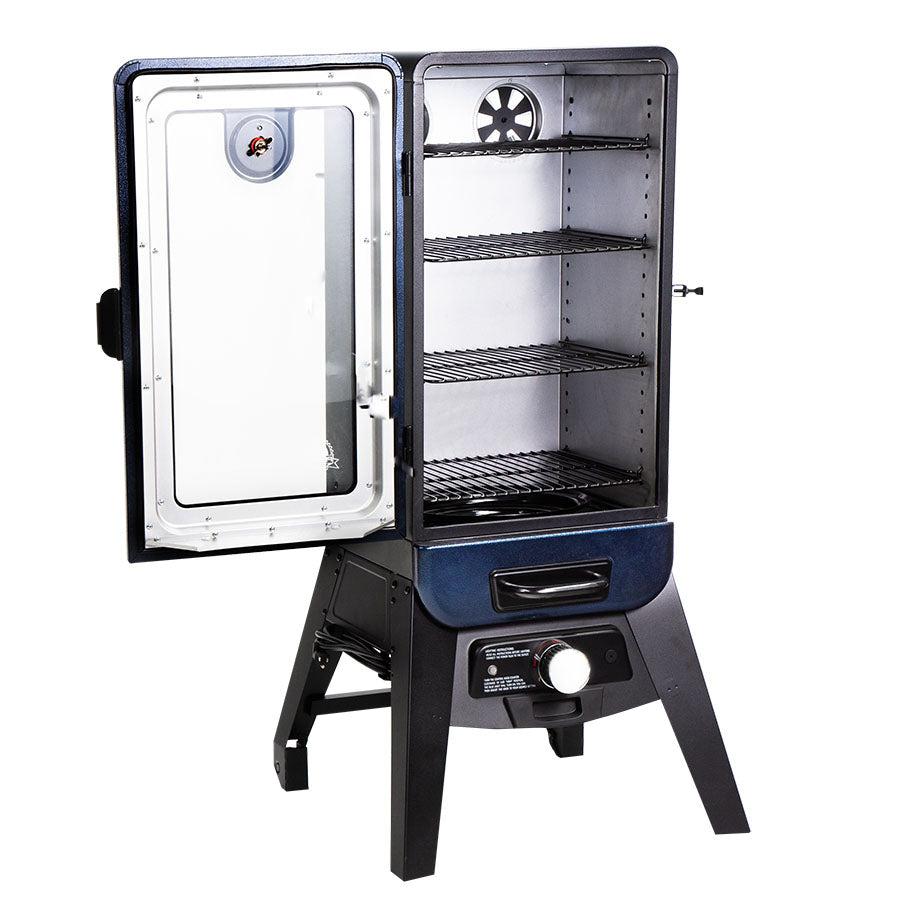 Blue and black electric smoker with four racks and control panel.
