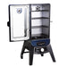 Blue and black electric smoker with four racks and control panel.