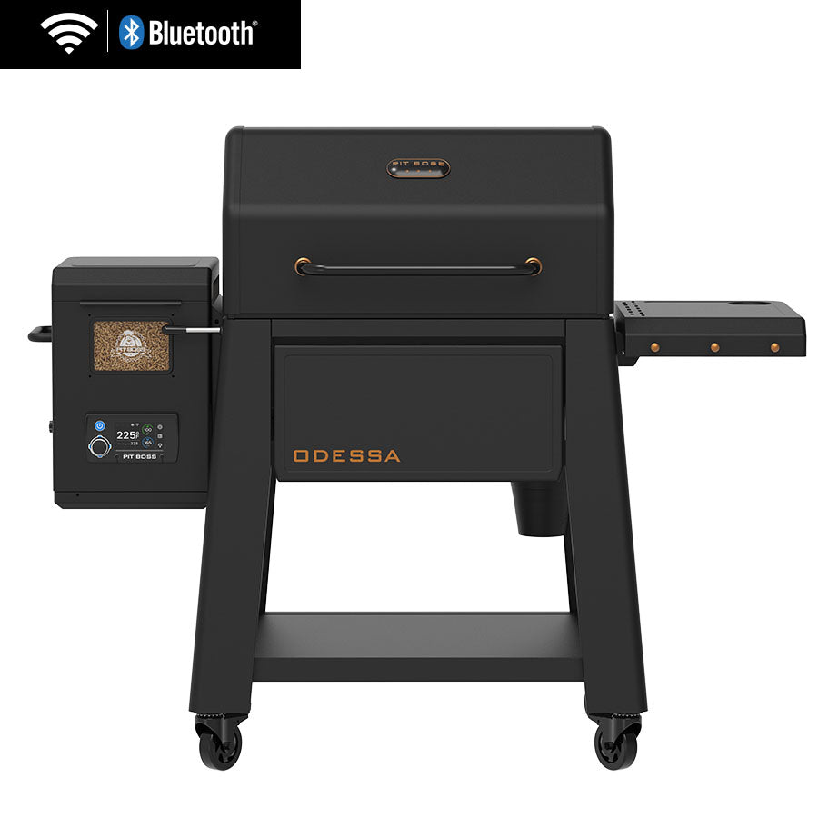 Black Pit Boss Odessa pellet grill with Bluetooth connectivity and digital control panel.
