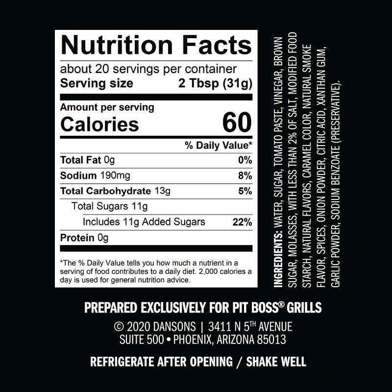 Nutrition facts label for a sauce with 60 calories, 190mg sodium, and 13g carbs per 2 tbsp serving.