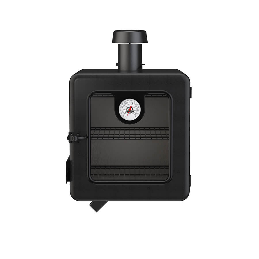 Black portable wood-burning stove with thermometer and chimney.