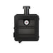 Black portable wood-burning stove with thermometer and chimney.